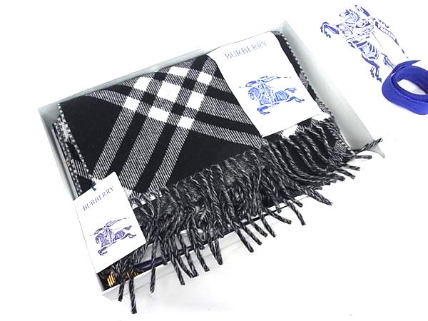 バーバリー マフラー（レディース） ■新品■未使用■ BURBERRY バーバリー カシミヤ100% チェック柄 フリンジ マフラー ストール ブラック系×ホワイト系 FV8826