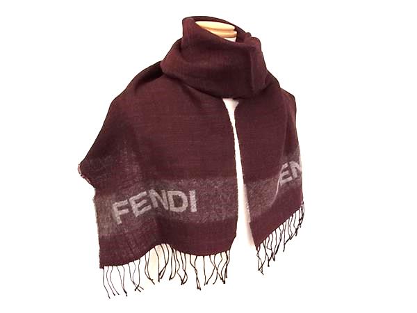 FENDI - ■美品■ FENDI フェンディ ウール×キッドモヘヤ フリンジ マフラー ストール ショール 防寒具 ボルドー系 FX1838