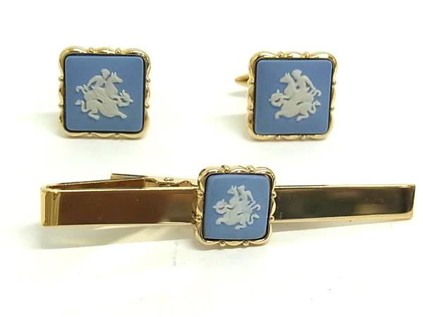 ■美品■ WEDGWOOD ウェッジウッド ネクタイピン カフスボタン カフリンクス 2点セット メンズ ブルー系 DH9929