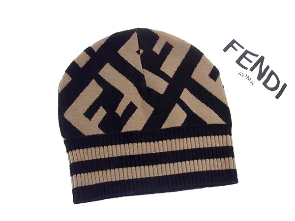 FENDI フェンディ ズッカ柄 ニット帽 ブラウン FFロゴ 総柄　ズッキーノ FENDI フェンディ ニット帽 ビーニー 帽子 リブ FFロゴ ズッカ柄