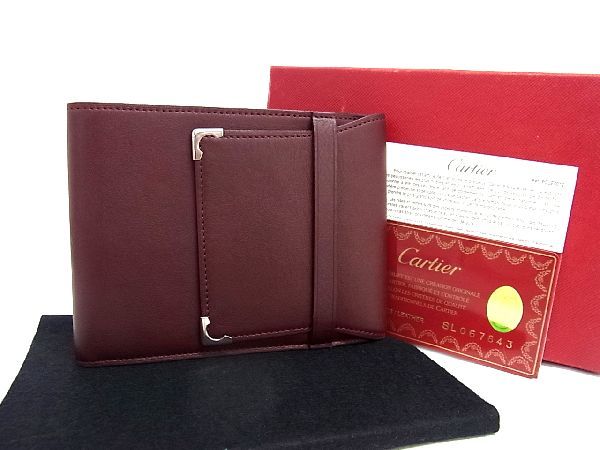 カルティエ 定期入れ ■新品同様■ Cartier カルティエ レザー 三つ折り 財布 札入れ カードケース レディース メンズ ボルドー系 BE5328