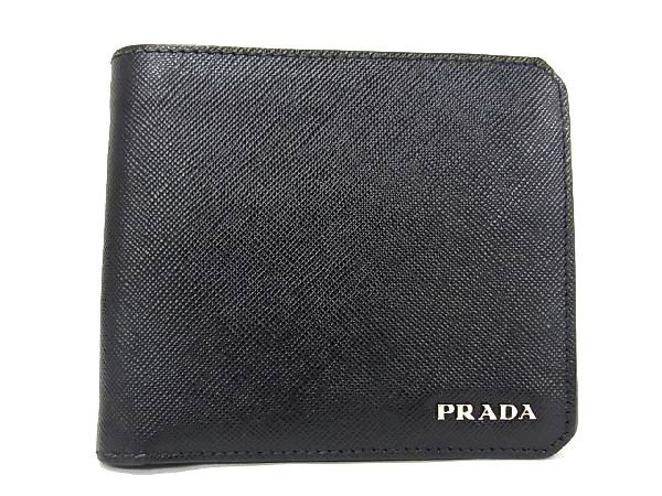 ■極美品■ PRADA プラダ サフィアーノレザー 二つ折り 財布 ウォレット 小銭入れ 札入れ メンズ ブラック系 BF2241