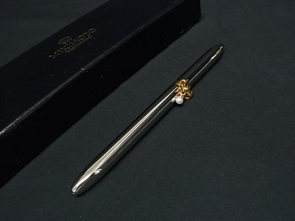 ■美品■ MIKIMOTO ミキモト 本真珠 アコヤ真珠 パール 約3mm リボン ツイスト式 ボールペン 筆記用具 文房具 シルバー系 DI4926