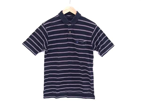 BURBERRY バーバリー コットン100％ ボーダー 半袖 ポロシャツ トップス 表記サイズ L 洋服 メンズ ネイビー系 DL9181