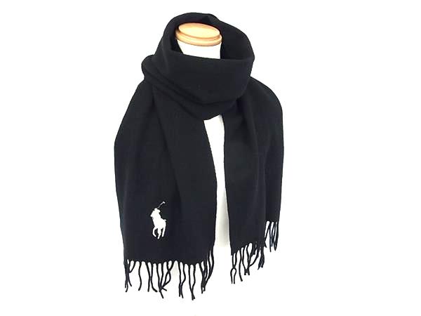 ■美品■ POLO RALPH LAUREN ポロラルフローレン ウール100% フリンジ マフラー ストール ショール 防寒具 ブラック系 DM1174