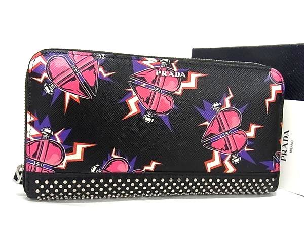 ■極美品■ PRADA プラダ フランケンハート サフィアーノレザー スタッズ ラウンドファスナー 長財布 ウォレット ブラック系 AW1244