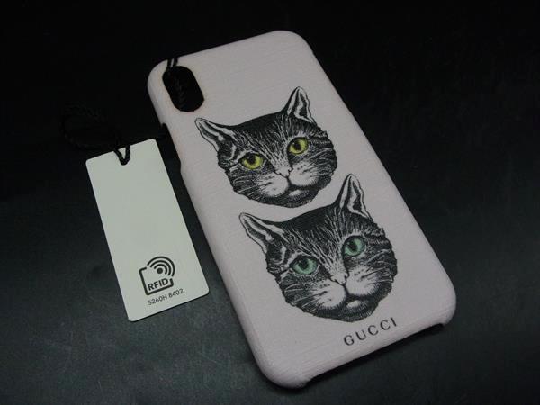 ■美品■ GUCCI グッチ レザー 猫 iPhone X / XS ケース アイフォンケース スマホケース ピンク系 DM2981