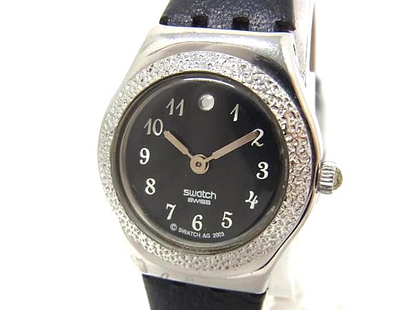 ■稼働品■美品■ SWATCH スウォッチ SS×レザー 生活防水 ラインストーン 腕時計 ウォッチ シルバー系×ブラック系 DY2552