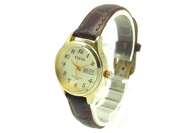 CARTIER - TELVA テルバ TEV-1207 SS×レザー クォーツ 10気圧防水 腕時計 ウォッチ レディース メンズ ゴールド系×ブラウン系 DJ1539