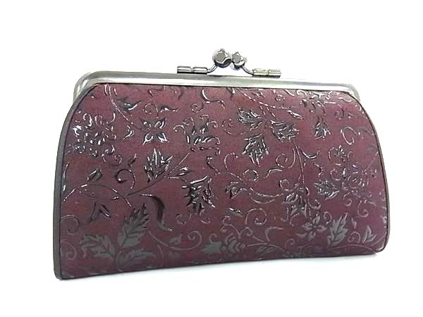 ■美品■ 印傳屋 INDEN-YA インデンヤ 鹿革 漆塗り 花唐草柄 がま口 コインケース コインパース 小銭入れ ワインレッド系 DJ8698