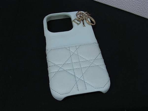 ChristianDior ディオール レディディオール カナージュ レザー iPhone15 Pro 対応 アイフォンケース ライトブルー系 BS4005