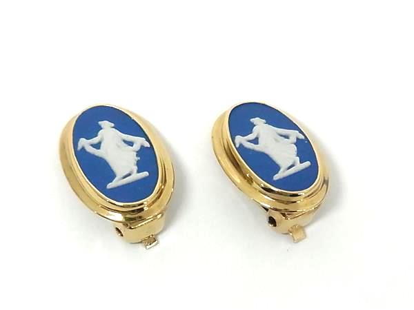 ■美品■ WEDGWOOD ウェッジウッド ジャスパー カメオ クリップ式 イヤリング アクセサリー レディース ゴールド系×ブルー系 DI9593