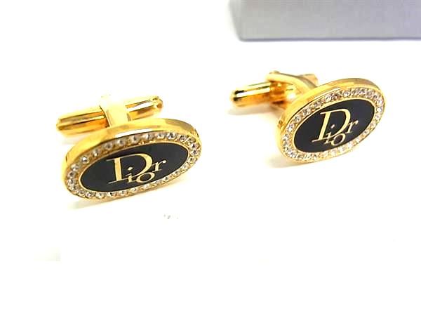 ■美品■ ChristianDior クリスチャンディオール ラインストーン カフスボタン カフリンクス アクセサリー ゴールド系 DI9718