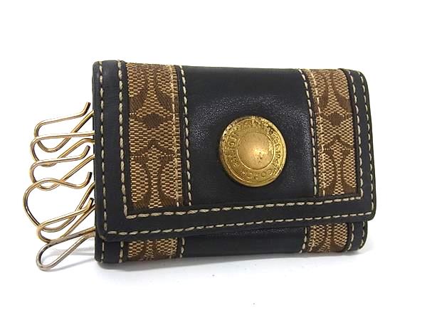 COACH コーチ シグネチャー キャンバス×レザー 6連キーケース 鍵入れ レディース メンズ ブラック系×ブラウン系 DJ0032