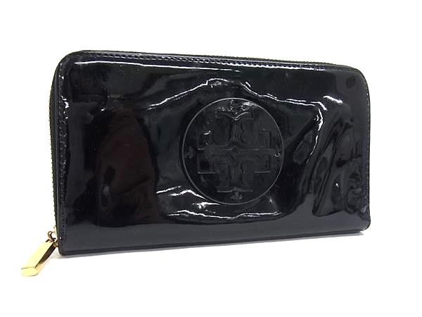 TORY BURCH トリーバーチ パテントレザー ラウンドファスナー 長財布 ウォレット 札入れ 小銭入れ カード入れ ブラック系 DN1146