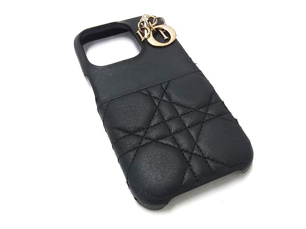 ChristianDior ディオール レディディオール カナージュ レザー iPhone15Pro対応 アイフォンケース スマホケース ブラック系 BS4010