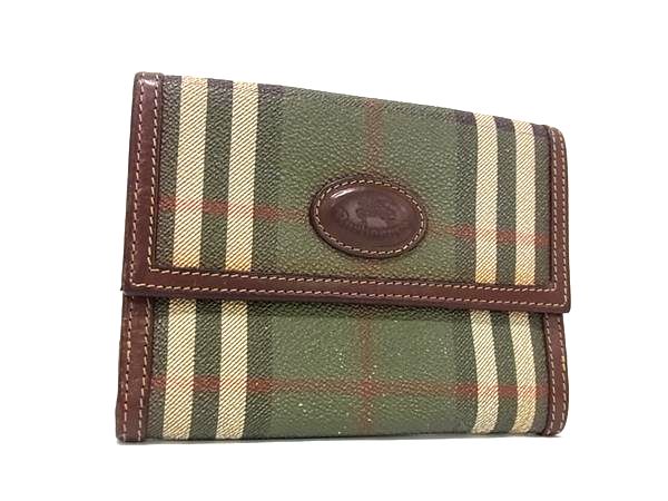 Burberrys バーバリーズ PVC×レザー チェック柄 三つ折り 財布 ウォレット 小銭入れ 札入れ カード入れ カーキ系×ブラウン系 DM5715