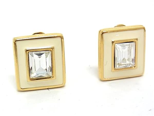 ■美品■ MONET モネ ビジュー スクエア クリップ式 イヤリング アクセサリー レディース アイボリー系×ゴールド系 DK0143