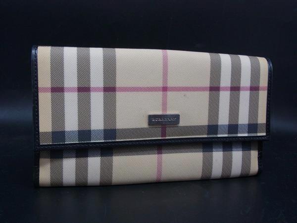 BURBERRY バーバリー ナイロンキャンバス×レザー チェック柄 二つ折り 長財布 ウォレット 札入れ 小銭入れ ベージュ系 DM4889