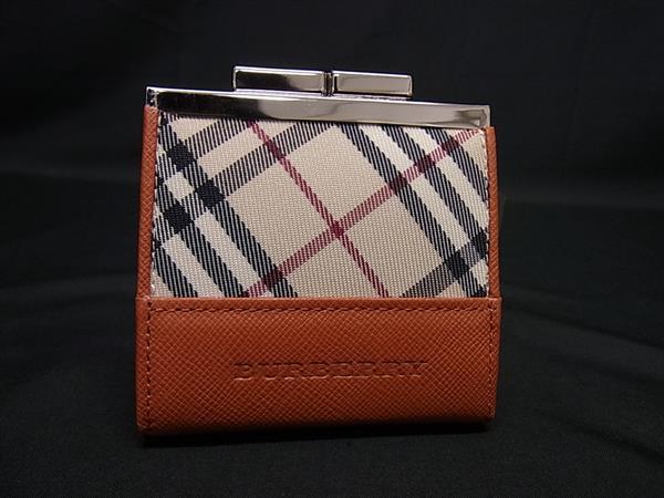 ■新品同様■ BURBERRY バーバリー レザー×キャンバス がま口 コインケース コインパース 小銭入れ ブラウン系×ベージュ系 FY2904