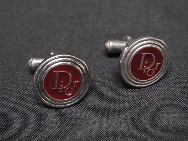 ■美品■ ChristianDior ディオール ロゴモチーフ カフリンクス カフスボタン アクセサリー シルバー系×ボルドー系 DD9437