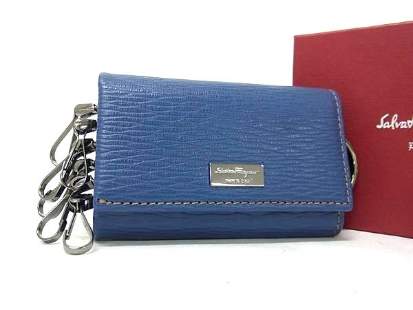 乐天商城 - ■新品同様■ Salvatore Ferragamo フェラガモ レザー キーリング付き 6連 キーケース 鍵入れ ブルー系 FV3742