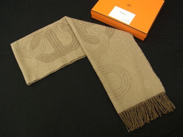 ■極美品■ HERMES エルメス 24番地のサーキット カシミヤ100％ ストール ショール マフラー メンズ レディース ブラウン系 AN7683