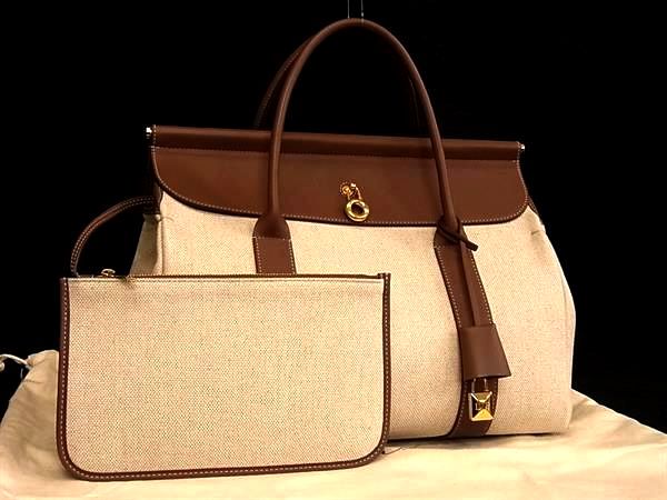 ■現行品■極美品■ Loro Piana ロロピアーナ ルーム キャンバス×レザー ポーチ付きハンドバッグ ベージュ系 BQ2688