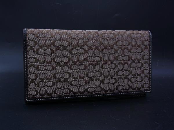 ■美品■ COACH コーチ ミニシグネチャー キャンバス×レザー 長財布 ウォレット 札入れ レディース メンズ ブラウン系 DJ6515