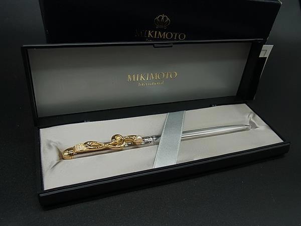 ■美品■ MIKIMOTO ミキモト 本真珠 アコヤ真珠 パール 約3mm ツイスト式 ボールペン 筆記用具 文房具 シルバー系 DL9980