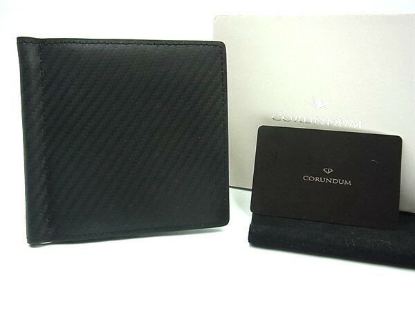 ■新品同様■ CORUNDUM コランダム カーボンレザー 二つ折り 財布 ウォレット マネークリップ カード入れ ブラック系 DM1032