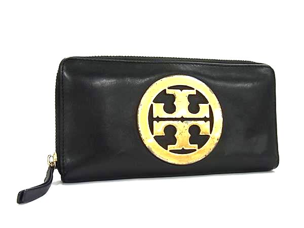 TORY BURCH トリーバーチ レザー ラウンドファスナー 長財布 ウォレット 札入れ 小銭入れ カード入れ ブラック系×ゴールド系 DK2811