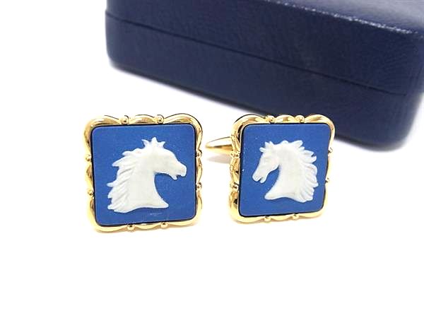 ■美品■ WEDGWOOD ウェッジウッド ジャスパー カフリンクス カフスボタン アクセサリー ビジネス ライトブルー系×ゴールド系 DM7611