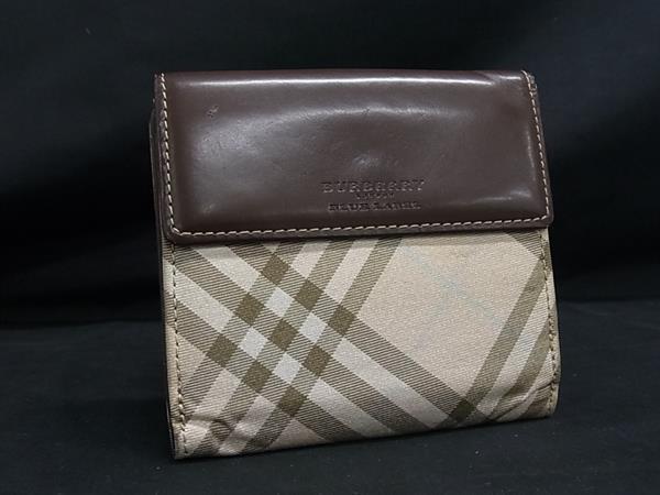 BURBERRY バーバリーブルーレーベル キャンバス×レザー チェック柄 二つ折り 財布 ウォレット 札入れ 小銭入れ ベージュ系 DM7637