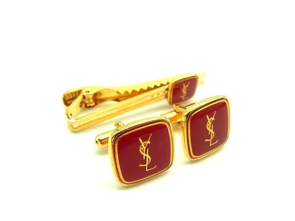 乐天商城 - YVESSAINTLAURENT イヴサンローラン カフスボタン カフリンクス タイクリップ アクセサリー 2点セット レッド系×ゴールド系 DM4685