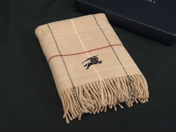 ■美品■ BURBERRY バーバリー ウール100％ チェック柄 マフラー ストール ショール 防寒具 ベージュ系 FT8200