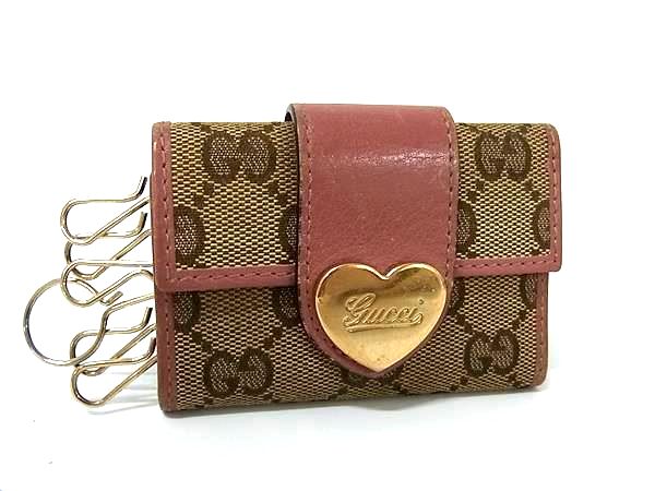 GUCCI グッチ 203551 GG柄 GGキャンバス×レザー ハート 6連 キーケース 鍵入れ レディース ブラウン系×ピンク系 DK5412