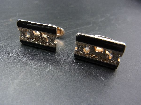 CELINE セリーヌ マカダム 馬車 カフスボタン カフリンクス アクセサリー ビジネス メンズ ゴールド系×..