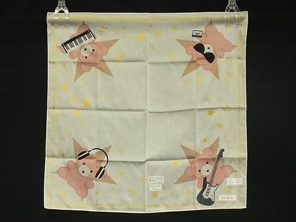 ■極美品■ FURLA フルラ コットン100％ くま ベアー 星 ハンカチ ハンカチーフ レディース アイボリー系×マルチカラー DF7878