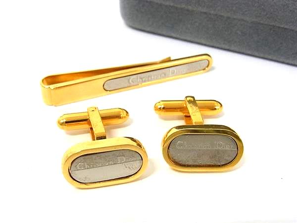 ■美品■ ChristianDior ディオール ヴィンテージ タイクリップ カフスボタン カフリンクス 2点セット ゴールド系×シルバー系 DK6607