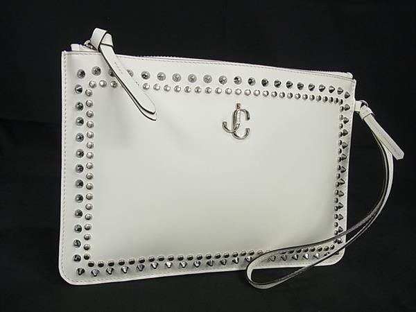 ■新品同様■ JIMMY CHOO ジミーチュウ レザー スタッズ クラッチバッグ セカンドバッグ レディース アイボリー系×シルバー系 AS4772
