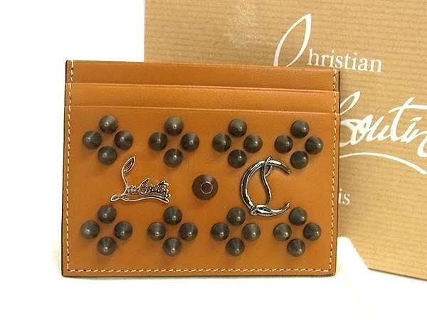■新品■未使用■ Christian Louboutin クリスチャンルブタン スパイクスタッズ レザー カードケース　パスケース ブラウン系 AS7395(4)
