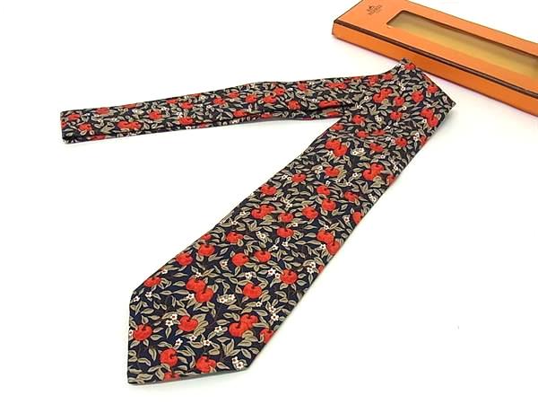 ■新品■未使用■ HERMES エルメス シルク100% アップル りんご ネクタイ ビジネス 紳士 メンズネイビー系×レッド系 BS4743（楽天・pleasure-Store　楽天市場店）