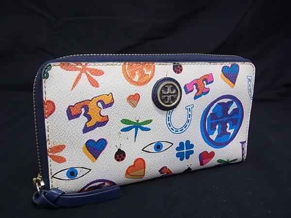 TORY BURCH トリーバーチ PVC×レザー 総柄 ラウンドファスナー 長財布 ウォレット 札入れ アイボリー系×マルチカラー DK7024