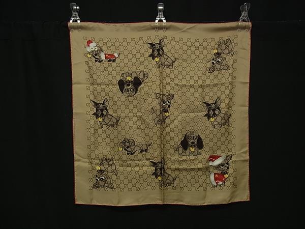 ■新品同様■ GUCCI グッチ グッチョリ クリスマス GG柄 シルク100% 大判 スカーフ ストール ショール ブラウン系 FS2646(4)