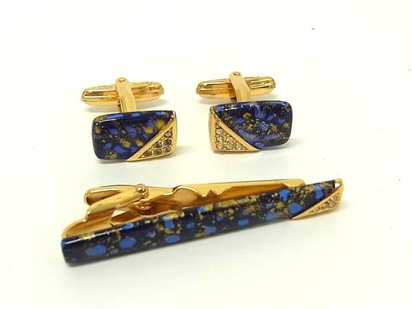 ■美品■ ChristianDior ディオール ヴィンテージ カフリンクス タイクリップ アクセサリー 2点セット ブルー系×ゴールド系 DN1947