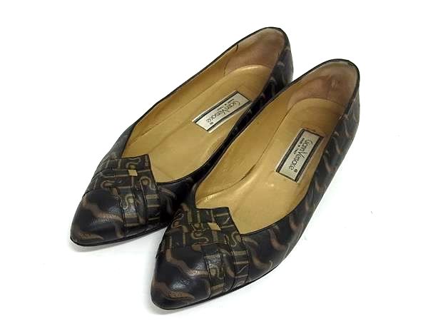 GIANNI VERSACE ジャンニ ヴェルサーチ レザー パンプス サイズ 34 1/2 (約21.5cm) 靴 シューズ ブラウン系×ブラック系 DK5317