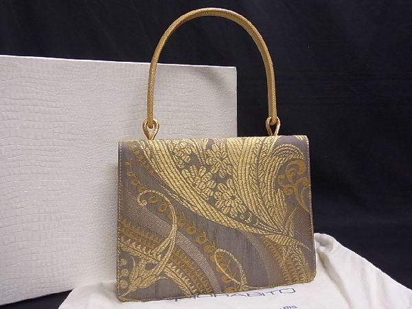 ■希少■極上本物■美品■ MORABITO モラビト ヴィンテージ ヴァンドーム 花唐草柄 リザード 金糸 ハンドバッグ ゴールド系 V8436(4)