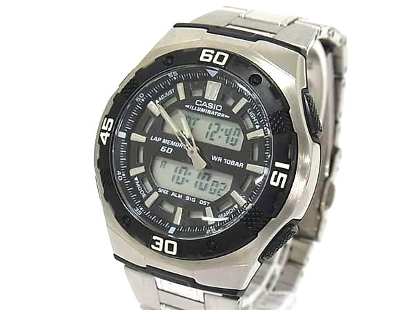 ■稼働品■ CASIO カシオ AQ-164W デュアルタイム SS クォーツ 10気圧防水 腕時計 ウォッチ レディース メンズ シルバー系 DM9564