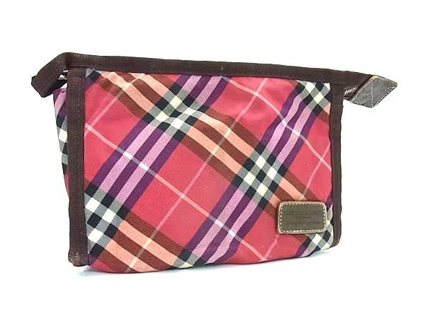 BURBERRY バーバリー ナイロン×レザー チェック柄 メイクポーチ マルチポーチ マルチケース レッド系×..